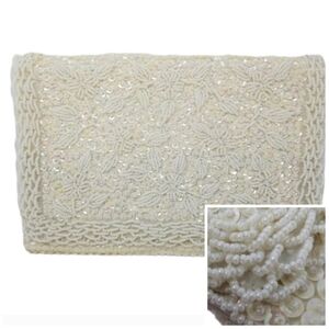 Clutch Bag Floral Sequins Seed Bead Wedding Bridal Formal Heavily Beaded White